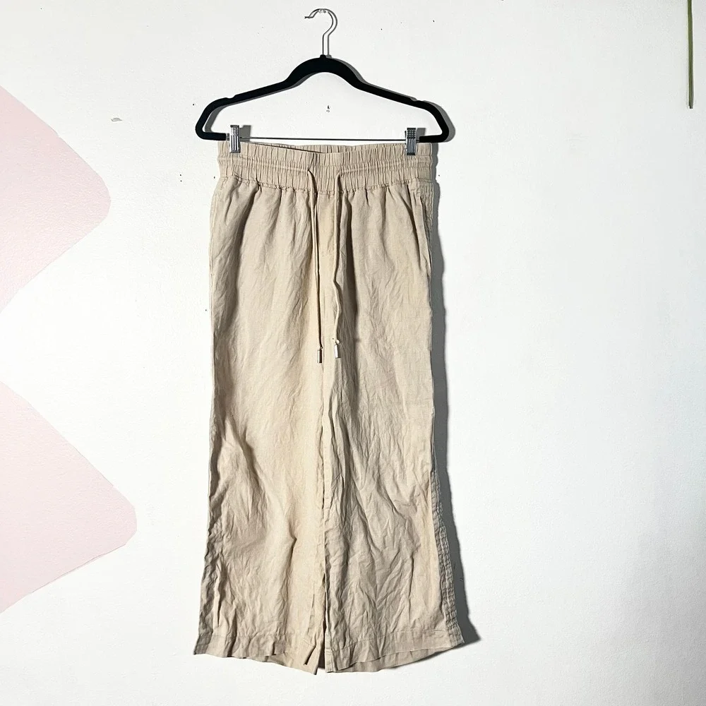 Quince 100%  Linen Pants Medium Wide Leg Drawstring Beige